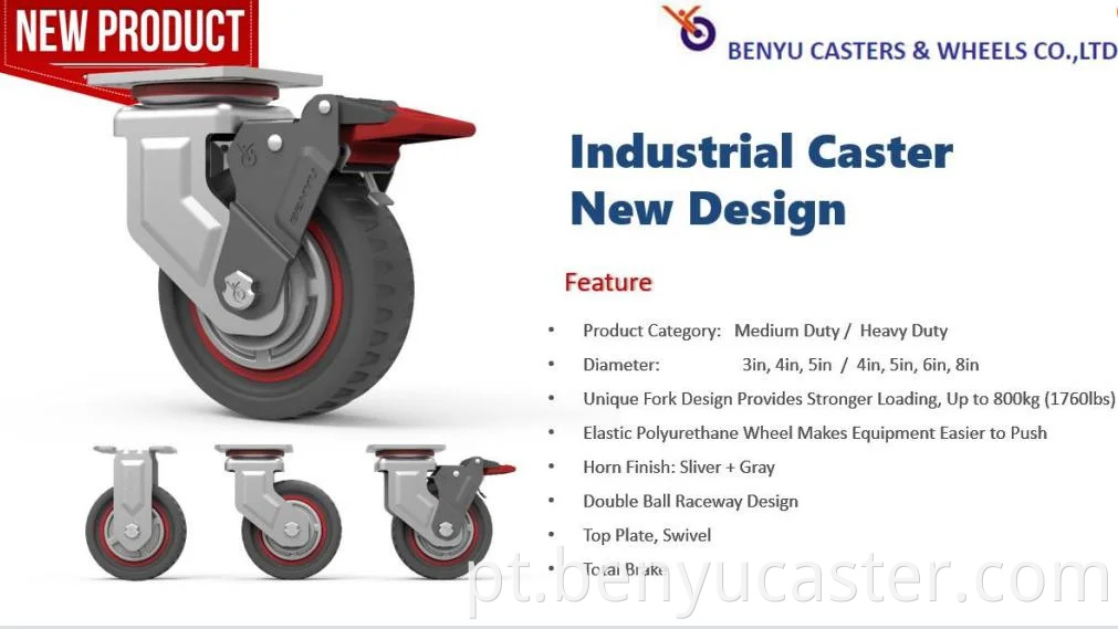 6 "Benyu Caster Wheel Pu em vermelho e cinza com resistência ao desgaste e ecologicamente correto